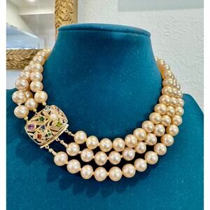 Vintage Triple Strand Faux Pearl Collar Necklace with Jeweled Clasp